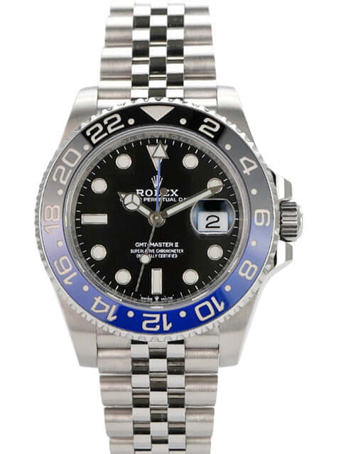 Rolex GMT Master II 126710BLNR Edelstahl-Uhr mit schwarzem Zifferblatt und blau/schwarzer Lünette, Jubiläumsarmband.