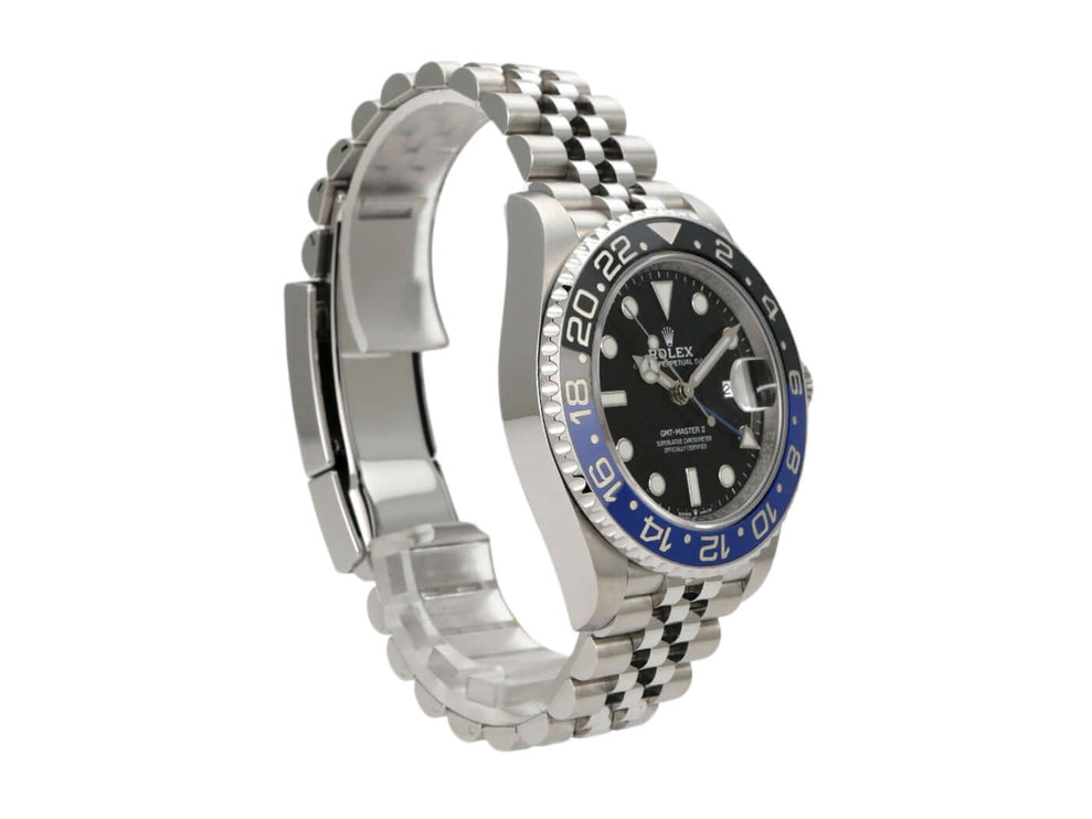 Rolex GMT-Master II 126710BLNR Edelstahl mit schwarzem Zifferblatt und blau/schwarzer Lünette, Jubile-Armband.