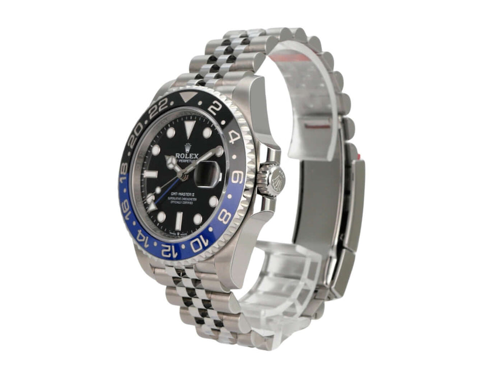 Rolex GMT-Master II Edelstahl 126710BLNR, unverbrauchte Luxusuhr mit Edelstahlarmband und schwarzem Zifferblatt.