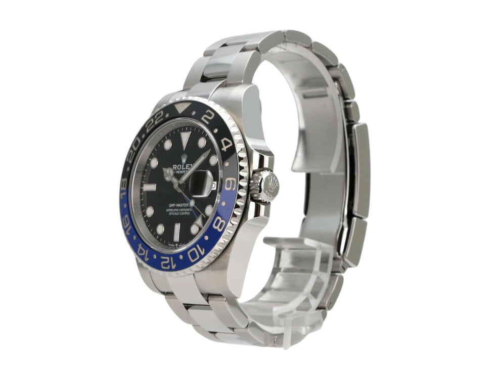 Rolex GMT-Master II Edelstahl 126710BLNR Oyster-Band seitlich view mit schwarzem Zifferblatt und blau-schwarzer Lünette