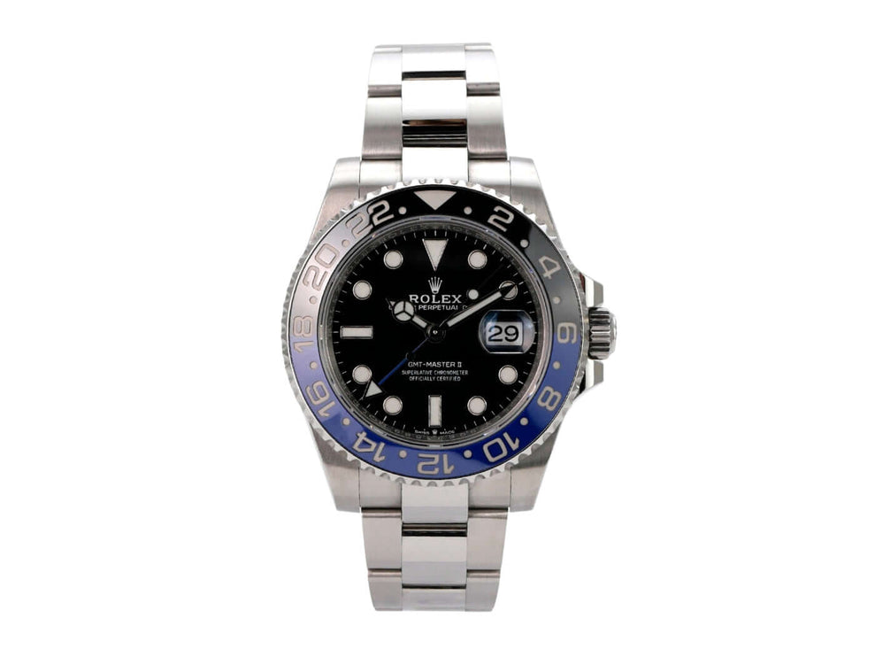 Rolex GMT-Master II Edelstahl 126710BLNR Oyster-Band mit schwarzem Zifferblatt und blauer Lünette.