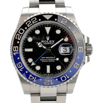 Rolex GMT-Master II Edelstahl 126710BLNR Oyster-Band mit schwarzem Zifferblatt und blau-schwarzer Keramiklünette