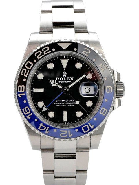 Rolex GMT-Master II Edelstahl 126710BLNR Oyster-Band mit schwarzem Zifferblatt und blau-schwarzer Keramiklünette