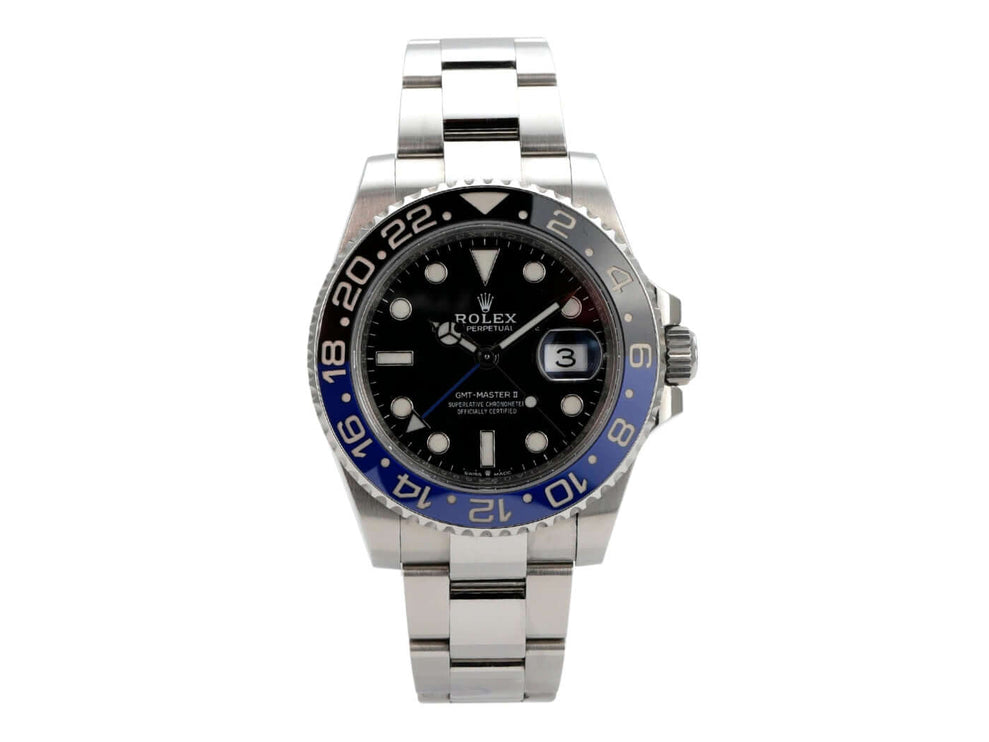 Rolex GMT-Master II Edelstahl 126710BLNR Oyster-Band mit schwarz-blauer Keramiklünette und schwarzem Zifferblatt