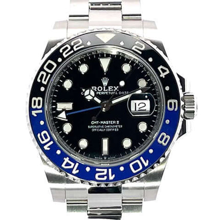 Rolex GMT Master II Edelstahl 126710BLNR, schwarz/blauer Keramik Lünette, schwarzes Zifferblatt, Oyster-Edelstahlarmband, 40 mm Gehäusedurchmesser, Datum.