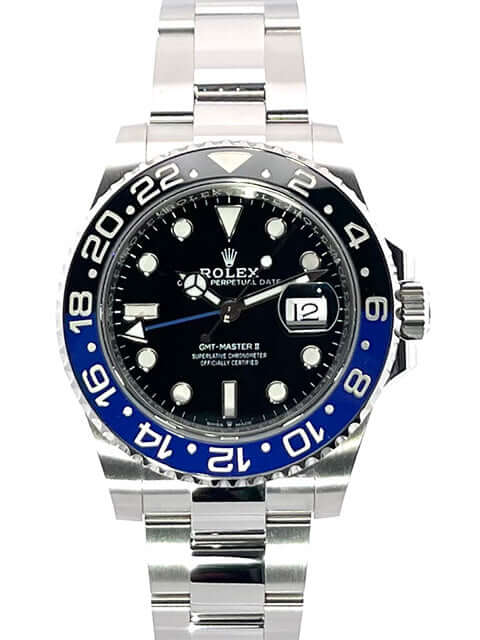 Rolex GMT Master II Edelstahl 126710BLNR, schwarz/blauer Keramik Lünette, schwarzes Zifferblatt, Oyster-Edelstahlarmband, 40 mm Gehäusedurchmesser, Datum.