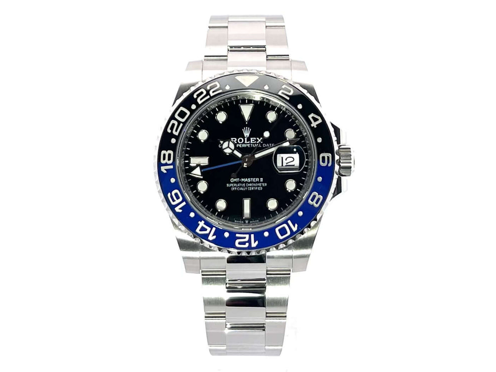 Rolex GMT Master II Edelstahl 126710BLNR, schwarz/blauer Keramik Lünette, Edelstahl Oyster-Band, schwarzes Zifferblatt
