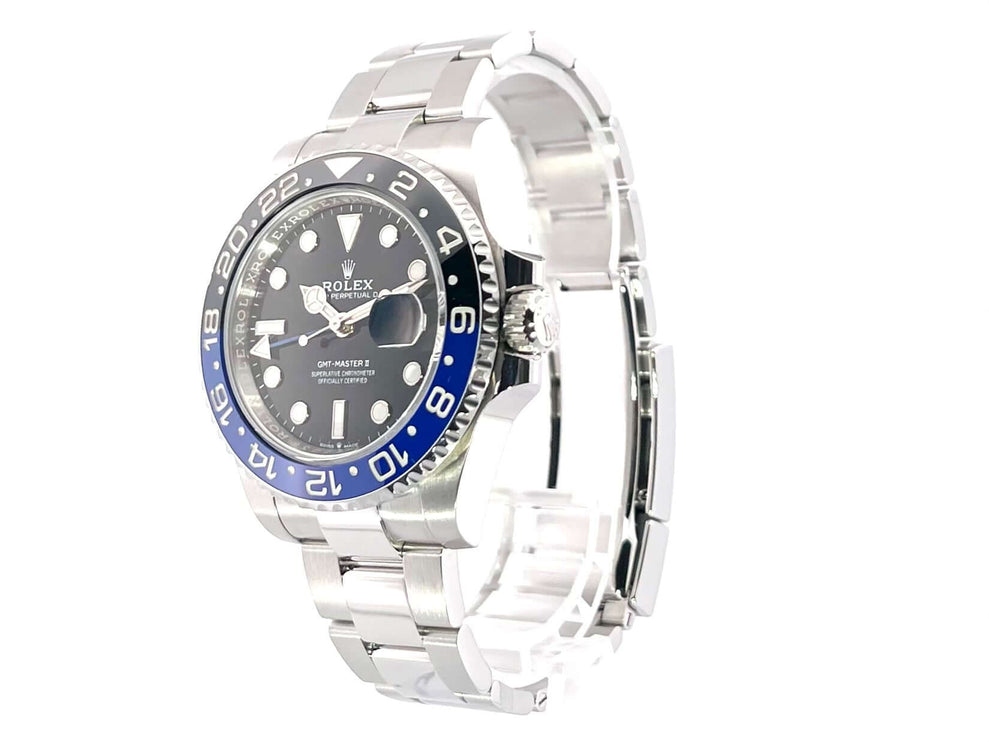 Rolex GMT Master II Edelstahl 126710BLNR Uhr mit blau/schwarzer Keramik-Lünette und Oyster-Edelstahlarmband, poliert und satiniert