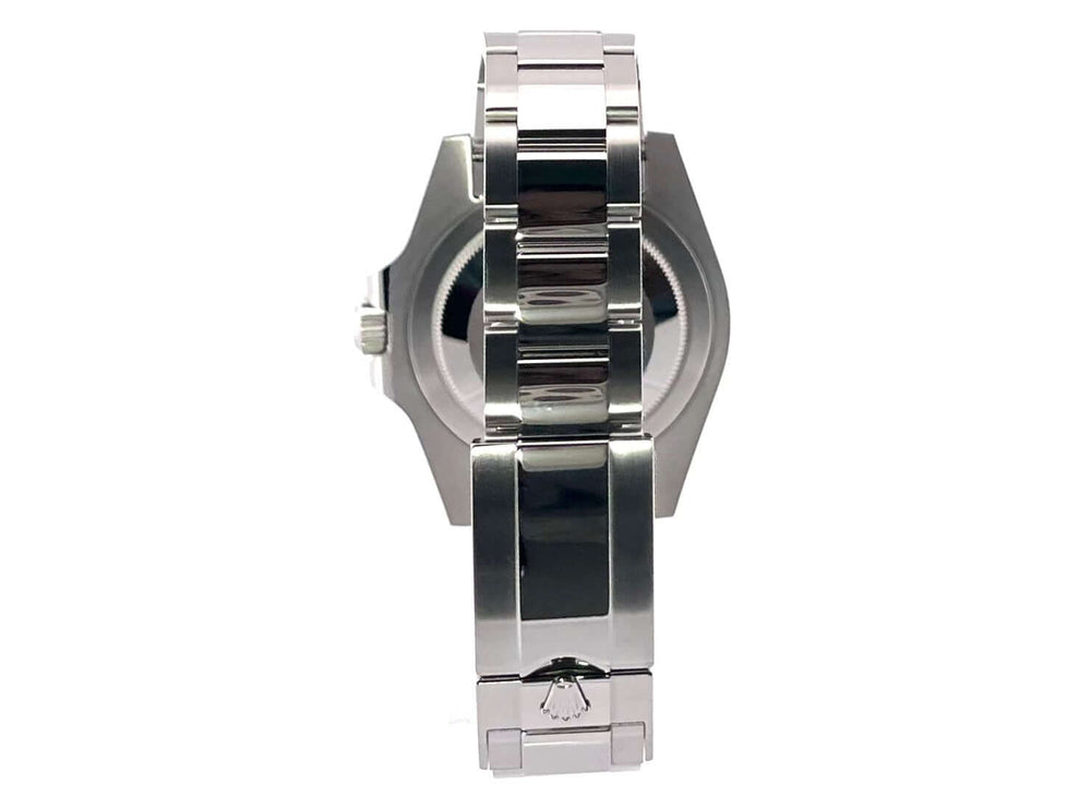 Rückseite des Rolex GMT Master II Edelstahl 126710BLNR mit poliertem und satiniertem Oyster-Edelstahlarmband und Sicherheitsfaltschließe.