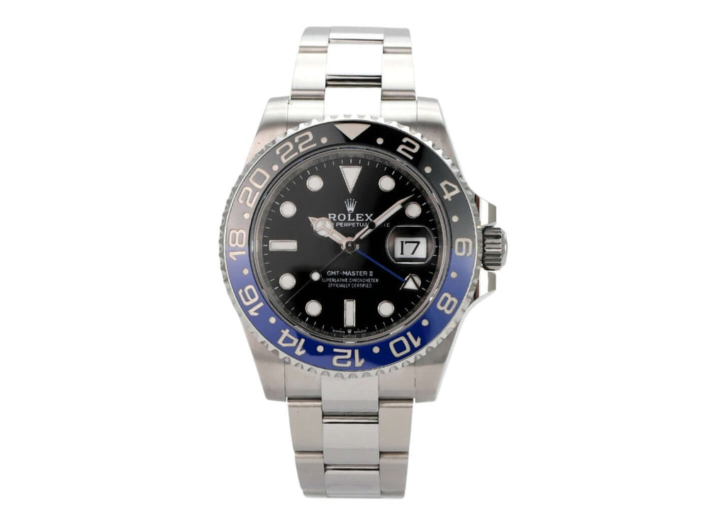Rolex GMT-Master II Edelstahl 126710BLNR Oyster-Band mit schwarzem Zifferblatt und Edelstahlarmband