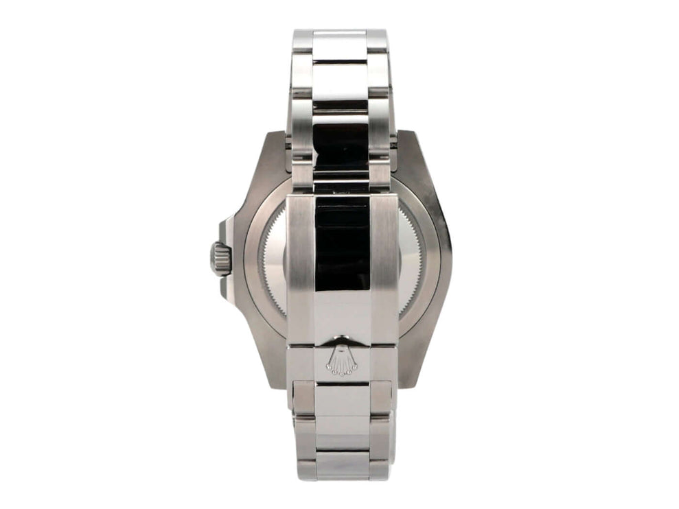 Rolex GMT-Master II Edelstahl 126710BLNR Oyster-Band Rückansicht des Edelstahlarmbands und Gehäuses.