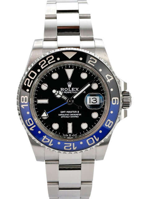 Rolex GMT-Master II Edelstahl 126710BLNR Oyster-Band in poliertem Edelstahl mit schwarzem Zifferblatt und blau-schwarzer Lünette.