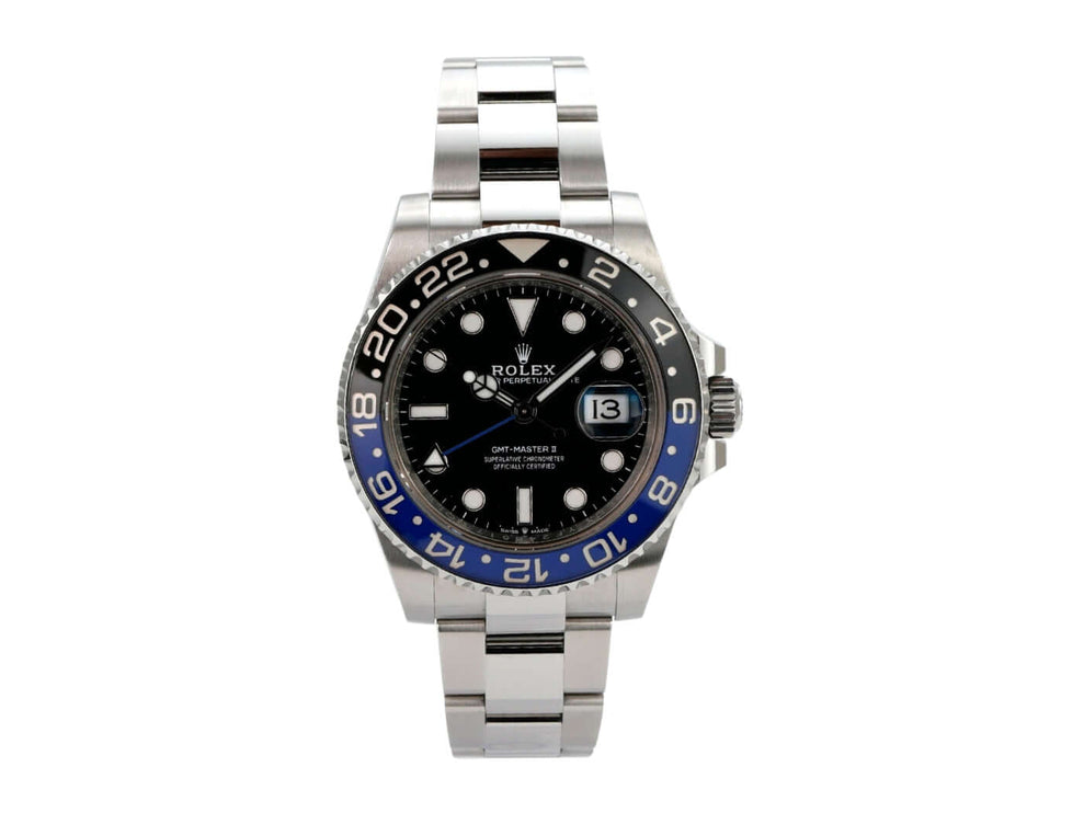 Rolex GMT-Master II Edelstahl 126710BLNR Oyster-Band auf schwarzem Zifferblatt mit blauer Lünette
