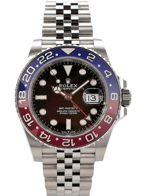Rolex GMT-Master II Edelstahl 126710BLRO mit schwarzem Zifferblatt, roter und blauer Lünette, Jubiläumsarmband.