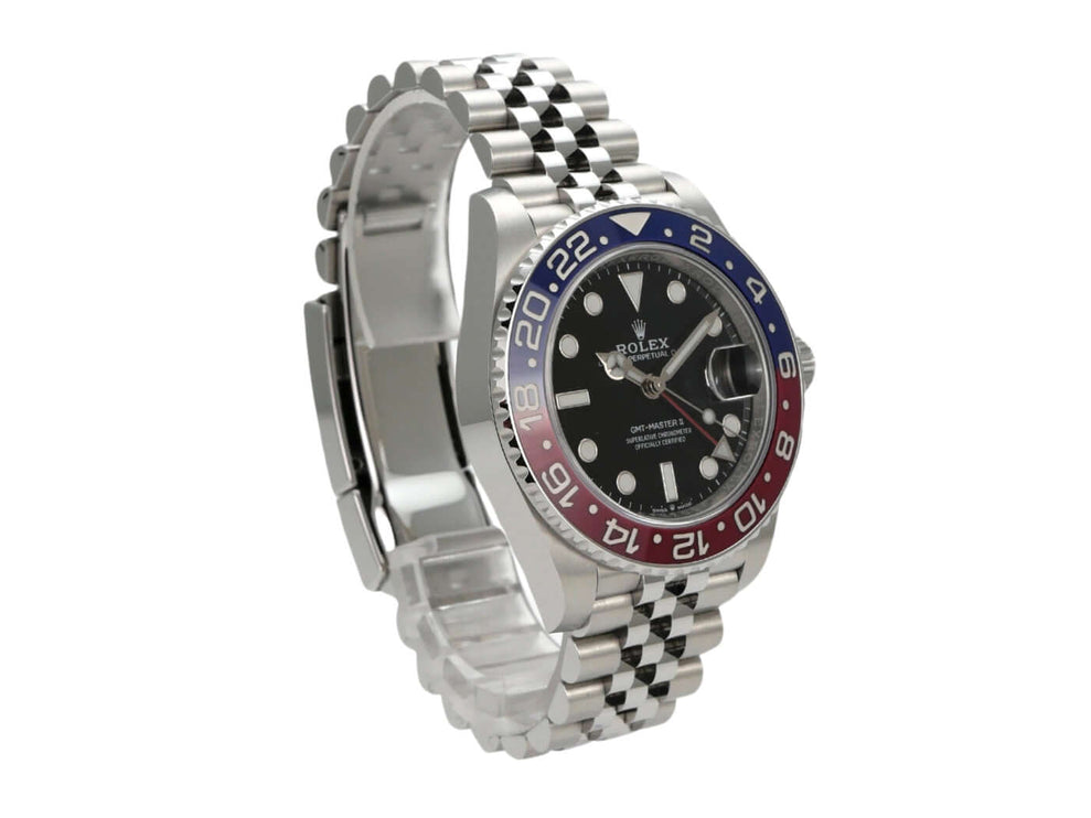 Rolex GMT-Master II Edelstahl 126710BLRO mit blau-roter Lünette und Jubilé-Armband, 40 mm Gehäuse.