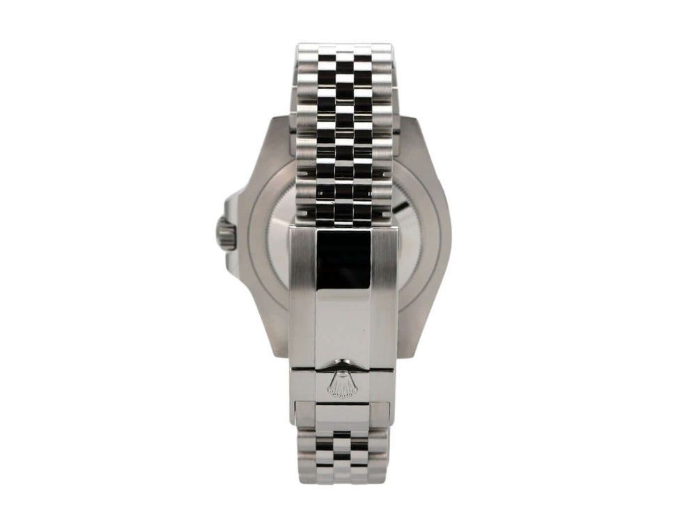 Rückansicht der Rolex GMT-Master II 126710BLRO mit Jubilé-Edelstahlarmband und Sicherheitsschließe.