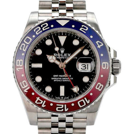 Rolex GMT-Master II Edelstahl 126710BLRO Uhr mit schwarzem Zifferblatt und Jubilé-Armband