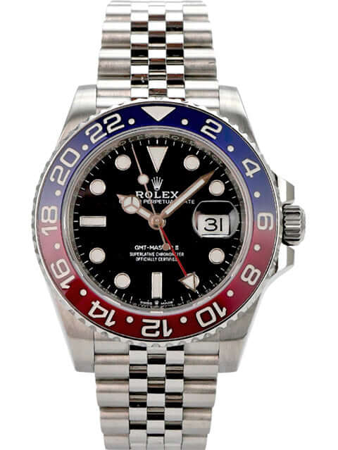 Rolex GMT-Master II Edelstahl 126710BLRO Uhr mit schwarzem Zifferblatt und Jubilé-Armband