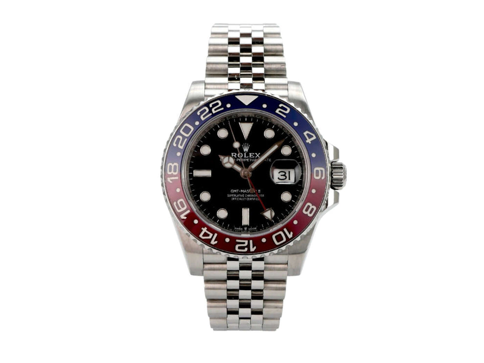 Rolex GMT-Master II Edelstahl 126710BLRO, polierte und satinierte Edelstahl-Uhr mit Jubile-Armband.