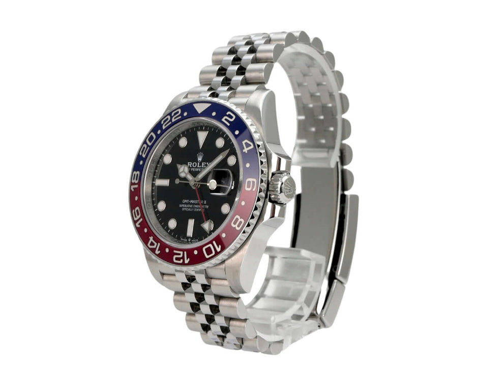 Rolex GMT-Master II Edelstahl 126710BLRO mit schwarzem Zifferblatt und Jubile-Edelstahlarmband.