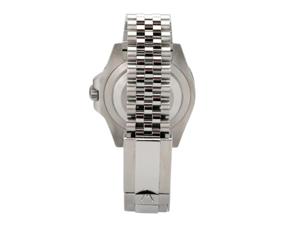 Rückansicht des Rolex GMT-Master II Edelstahl 126710BLRO mit Jubilee-Armband und Edelstahl-Gehäuse.