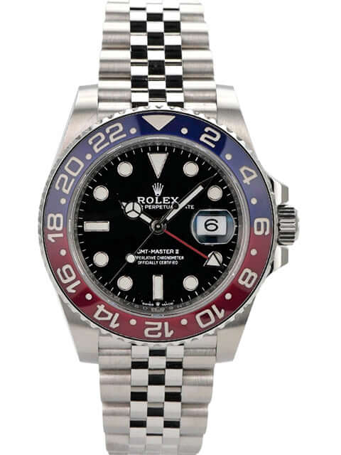 Rolex GMT-Master II Edelstahl 126710BLRO, schwarzes Zifferblatt, rot-blaue Keramiklunette, Jubilé-Armband