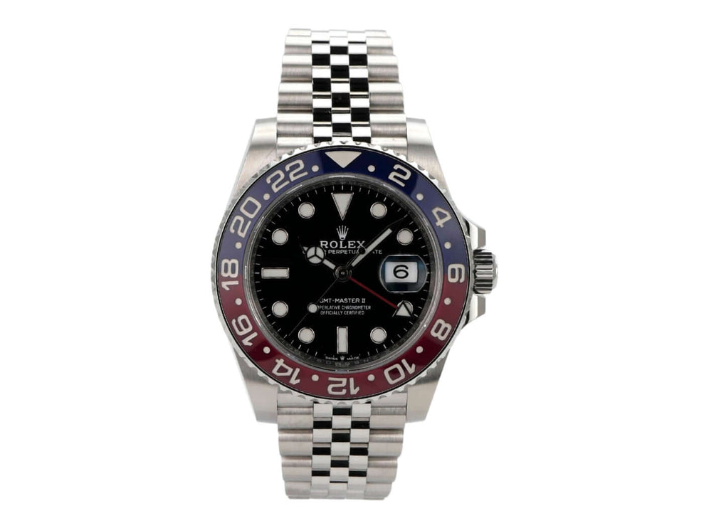 Rolex GMT-Master II Edelstahl 126710BLRO mit blau/rotem Keramikrand und Jubile-Armband.