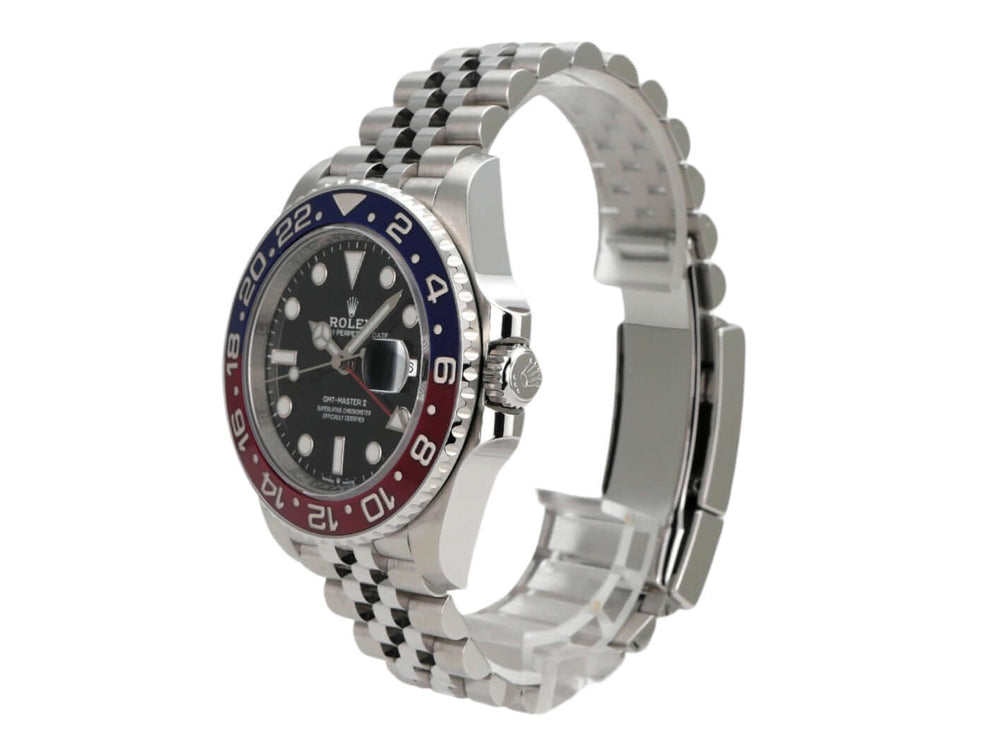 Rolex GMT-Master II 126710BLRO in Edelstahl mit schwarzem Zifferblatt und blau/roter Keramikeinlage.