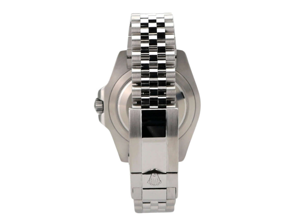 Rolex GMT-Master II Edelstahl 126710BLRO: Ansicht der Rückseite mit Jubilé-Armband und Sicherheitsfaltschließe.