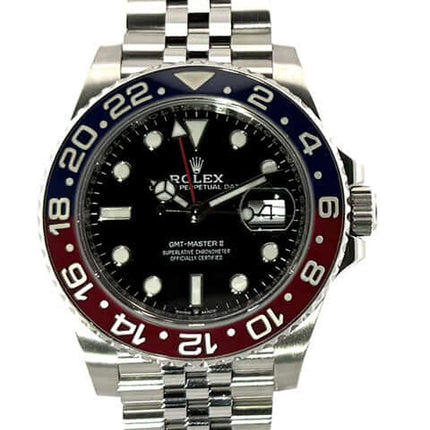 Rolex GMT-Master II Edelstahl 126710BLRO, schwarzes Zifferblatt, blau-rote Keramiklünette, Jubile-Edelstahlarmband, 24 Stunden Skala, 2019