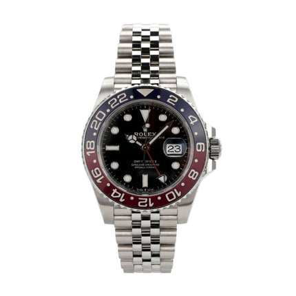 Rolex GMT-Master II Edelstahl 126710BLRO, schwarzes Zifferblatt, blaue/rote Keramik Lünette, Jubile-Armband.