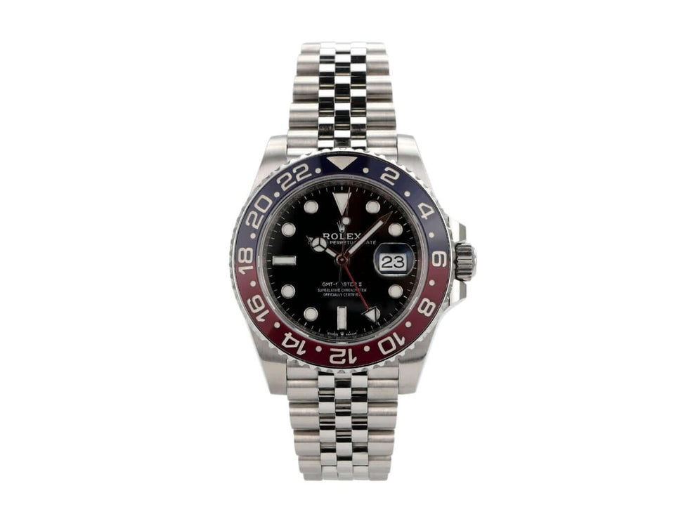 Rolex GMT-Master II Edelstahl 126710BLRO, schwarzes Zifferblatt, blaue/rote Keramik Lünette, Jubile-Armband.