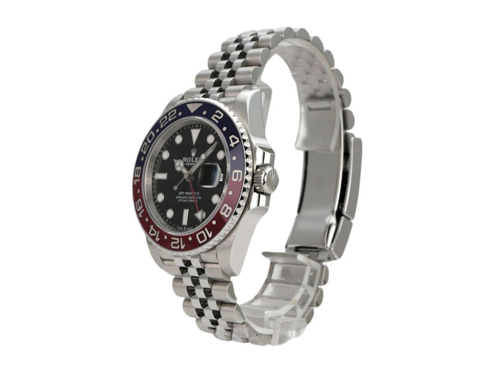 Rolex GMT-Master II Edelstahl 126710BLRO mit schwarzem Zifferblatt und blau-roter Keramiklünette, Jubiläumsarmband.