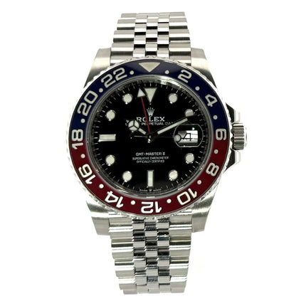Rolex GMT-Master II 126710BLRO aus Edelstahl mit blau-roter Keramik Lünette und schwarzem Zifferblatt, Jubile-Armband, Jahr 2019.