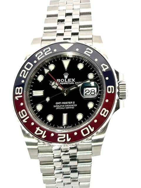 Rolex GMT-Master II Edelstahl 126710BLRO mit schwarzem Zifferblatt, blau/roter Keramik Lünette und Edelstahlarmband.