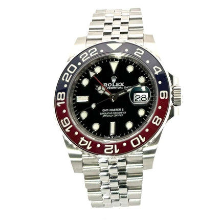Rolex GMT-Master II 126710BLRO, Edelstahlgehäuse, blaue/rote Keramik-Lünette, schwarzes Zifferblatt, Jubilé-Armband, 2020 Modell.