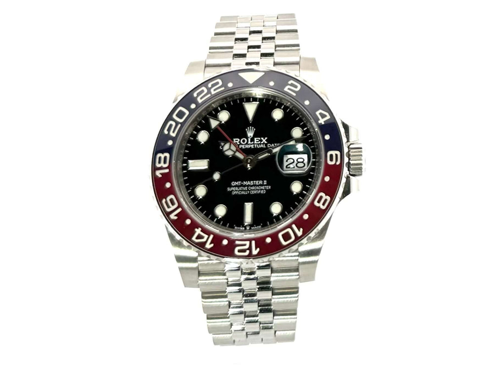 Rolex GMT-Master II 126710BLRO, Edelstahlgehäuse, blaue/rote Keramik-Lünette, schwarzes Zifferblatt, Jubilé-Armband, 2020 Modell.