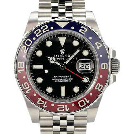 Rolex GMT-Master II Edelstahl 126710BLRO aus 2020 mit blau-roter Keramiklünette, schwarzem Zifferblatt und Jubile-Armband