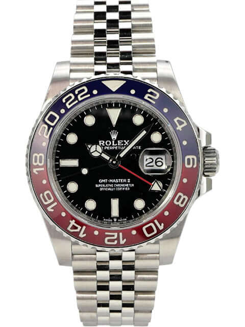 Rolex GMT-Master II Edelstahl 126710BLRO aus 2020 mit blau-roter Keramiklünette, schwarzem Zifferblatt und Jubile-Armband