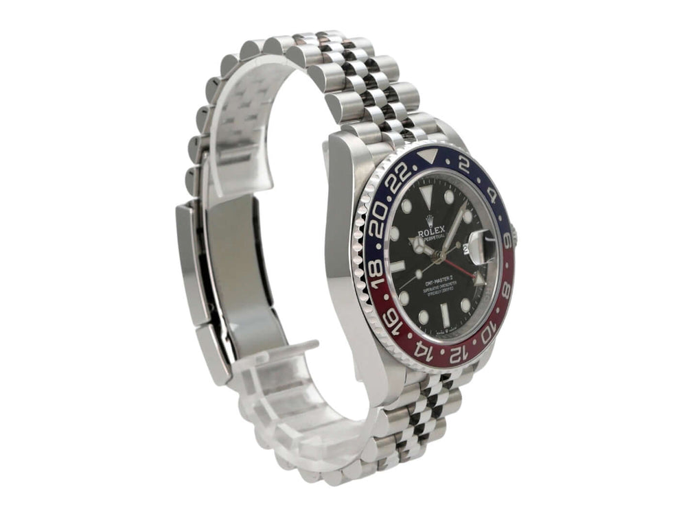 Rolex GMT-Master II Edelstahl 126710BLRO aus 2020, schwarze Zifferblattuhr mit blau/roter Keramiklünette und Jubilé-Armband