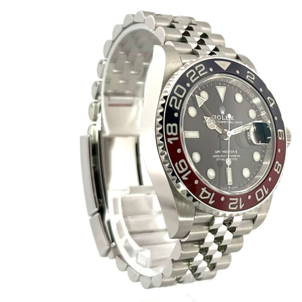 Rolex GMT-Master II Edelstahl 126710BLRO Armbanduhr, schwarz Zifferblatt, blau/rote Keramik Lünette, Jubilé-Edelstahlarmband, 2020 Modell