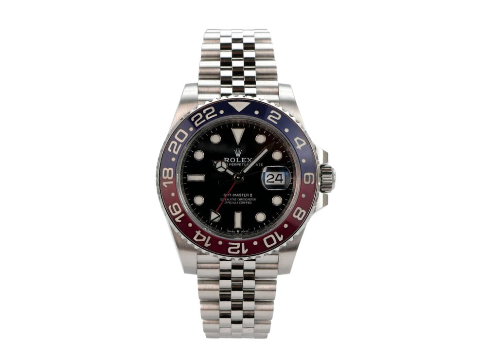 Rolex GMT-Master II Edelstahl 126710BLRO - Detailaufnahme des Jubile-Edelstahlarmbands mit Sicherheitsfaltschließe.