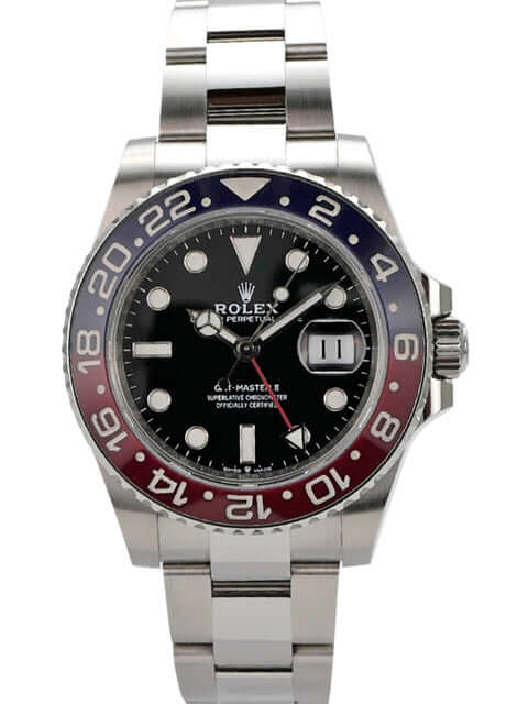 Rolex GMT-Master II Edelstahl 126710BLRO mit schwarzem Zifferblatt und blau-roter Lünette, Oyster-Band.