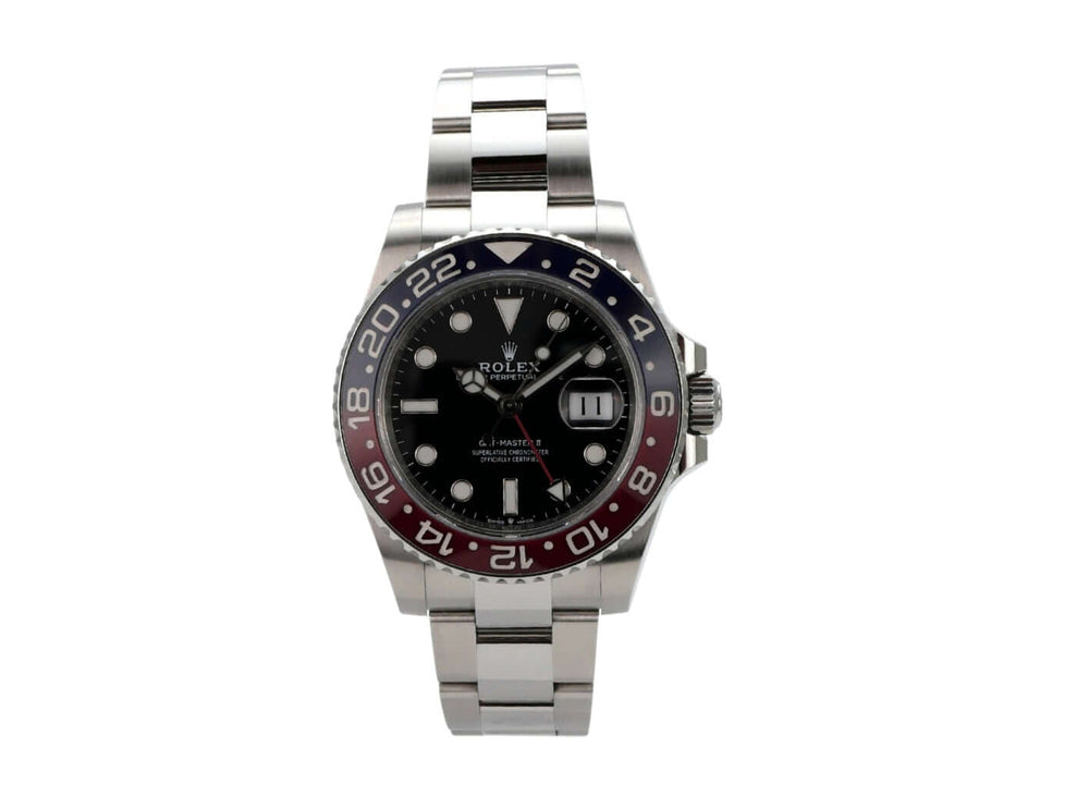 Rolex GMT-Master II Edelstahl 126710BLRO mit schwarzem Zifferblatt und Oyster-Band, 40 mm Gehäuse.