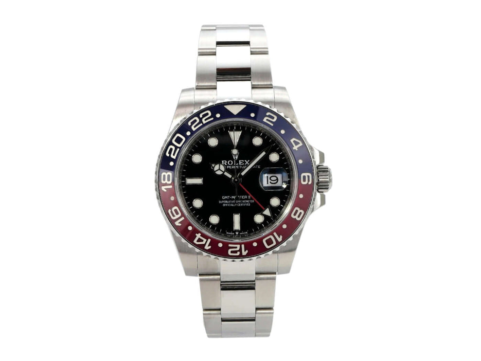 Rolex GMT-Master II Edelstahl 126710BLRO Oyster-Band Uhr mit schwarzem Zifferblatt und blauer/roter Lünette.