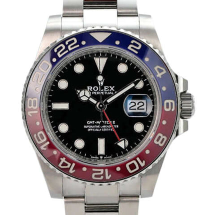 Rolex GMT-Master II Edelstahl 126710BLRO Oyster-Band, Edelstahl, blaue/rote Keramik-Lünette, schwarzes Zifferblatt