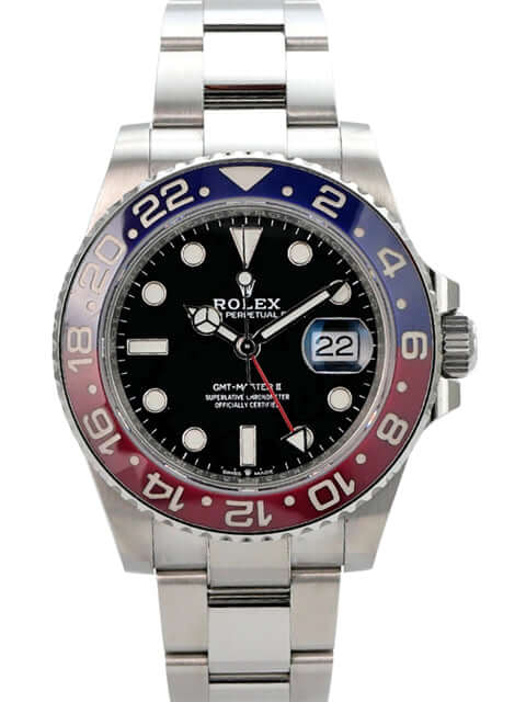 Rolex GMT-Master II Edelstahl 126710BLRO Oyster-Band, Edelstahl, blaue/rote Keramik-Lünette, schwarzes Zifferblatt