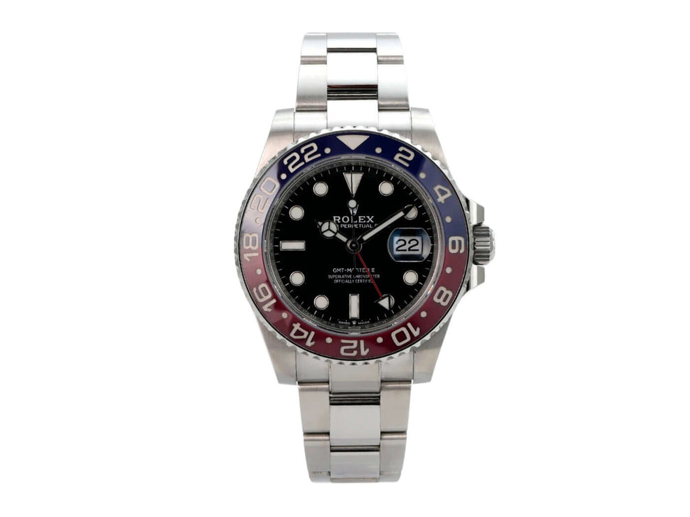 Rolex GMT-Master II Edelstahl 126710BLRO Oyster-Band mit blau/roter Keramik-Lünette und schwarzem Zifferblatt
