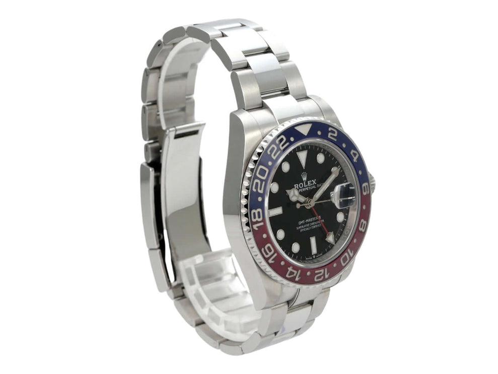 Rolex GMT-Master II Edelstahl 126710BLRO Oyster-Band, schwarze Zifferblattansicht mit blau/roter Keramik-Lünette