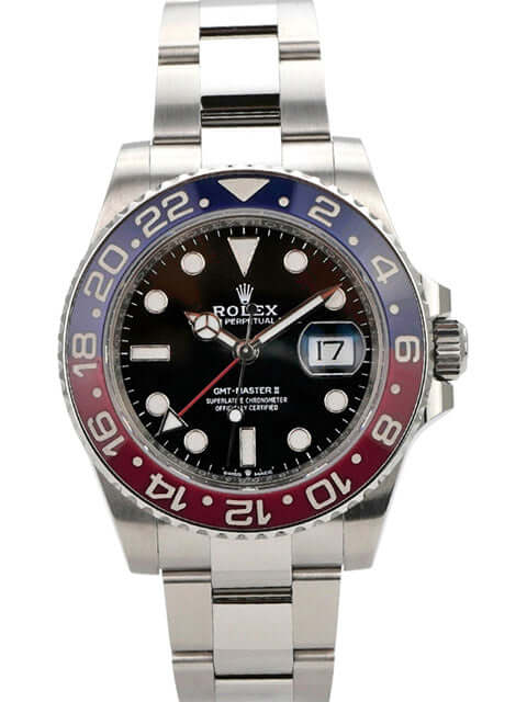 Rolex GMT-Master II Edelstahl 126710BLRO Oyster-Band mit schwarzem Zifferblatt und rot-blauem Keramikeinlage.
